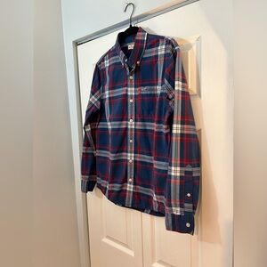 Hollister Plaid Button Down Shirt Medium Blue Red Long Sleeve Cotton